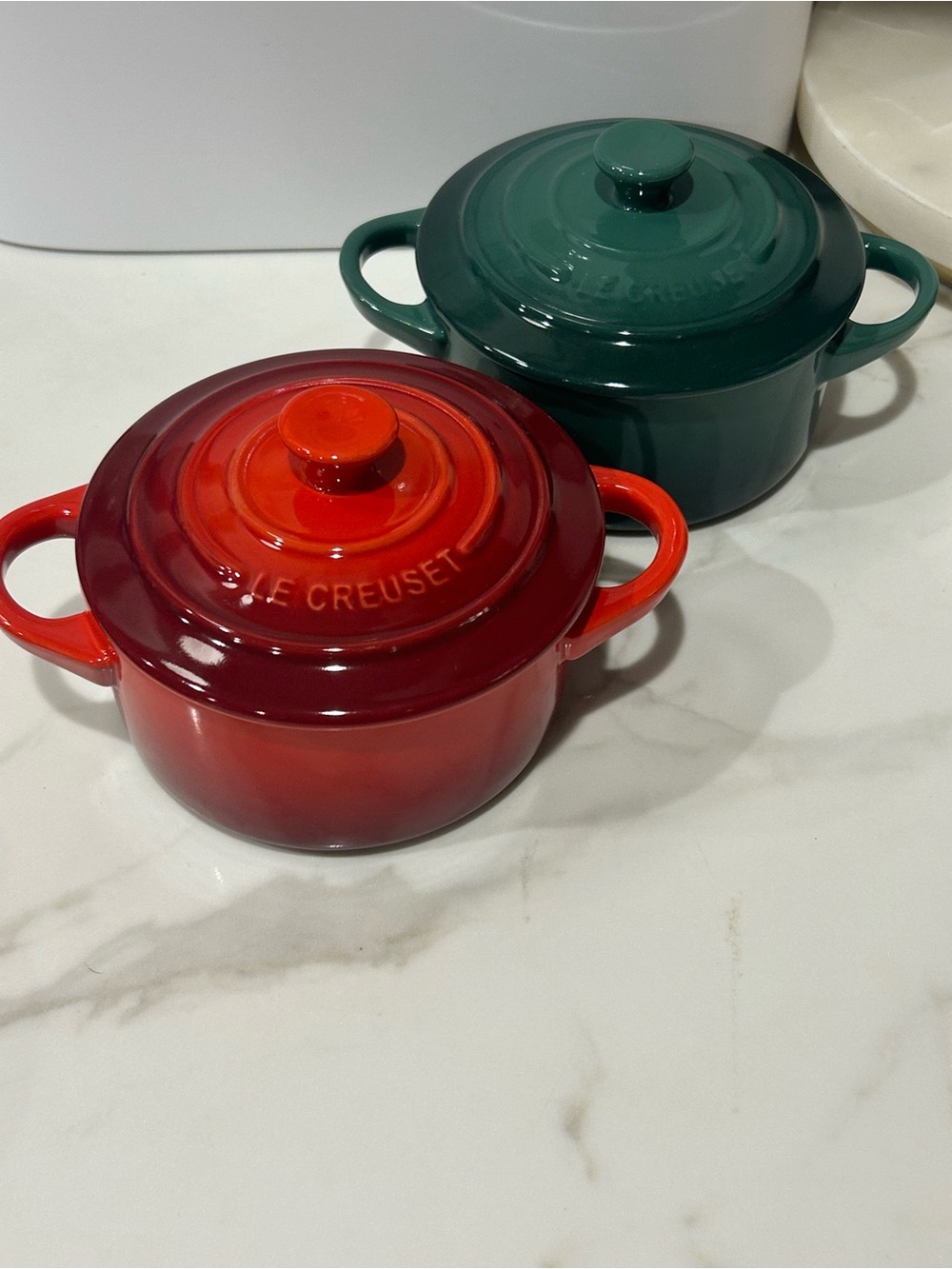 Le Creuset Red and Forest Green Mini Round Round Cocotte